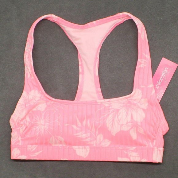 NWT Xhilaration Women's Floral Ribbed Racer Bralette Bikini Top Medium Pink - Picture 2 of 7